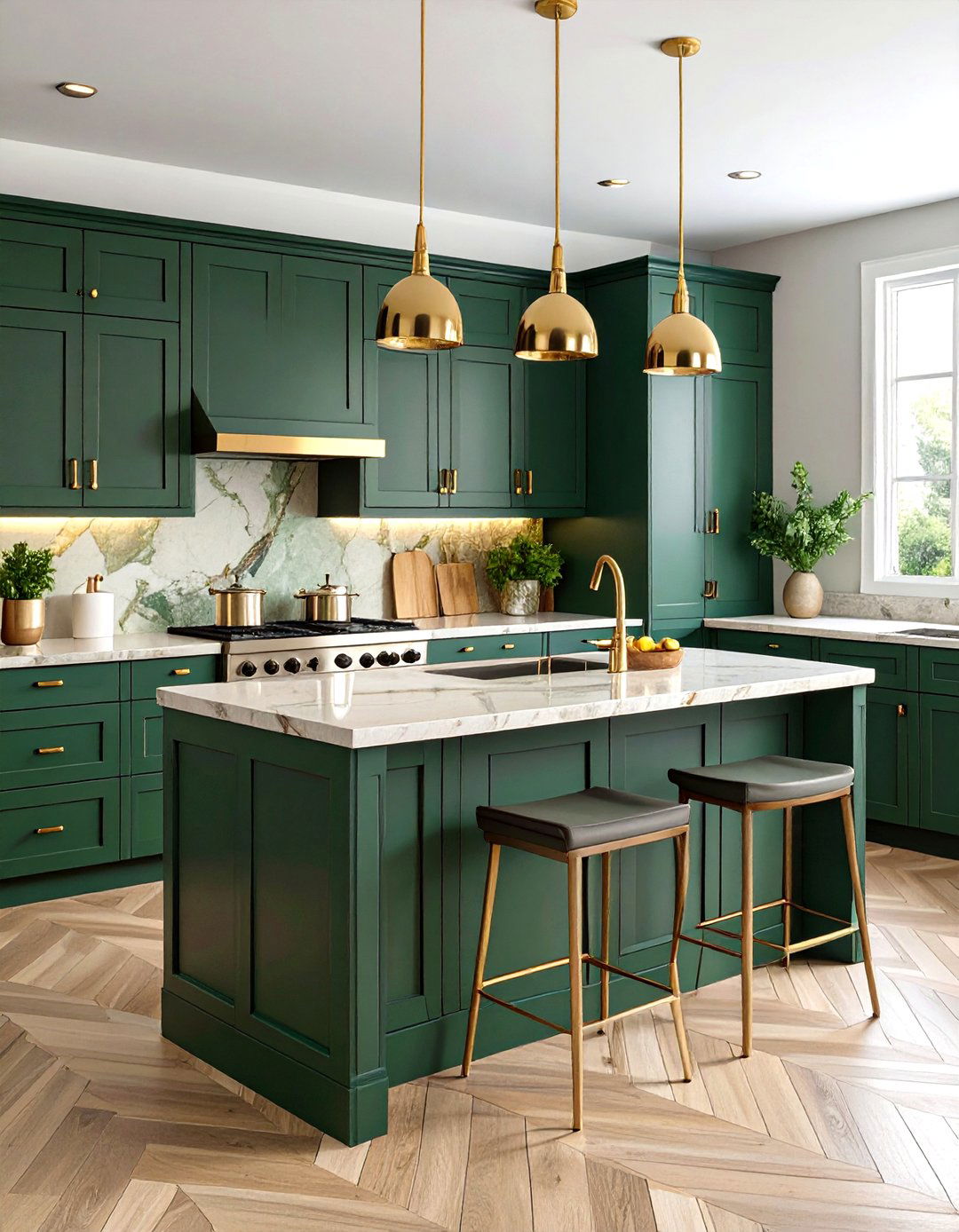 Forest Green Cabinets with Gold Veined Countertops - 24 Forest Green Kitchen Ideas