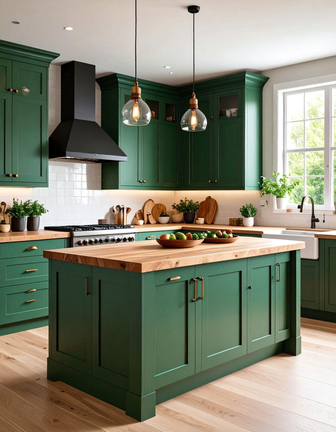 Forest Green Cabinets with Natural Wood Countertops - 24 Forest Green Kitchen Ideas