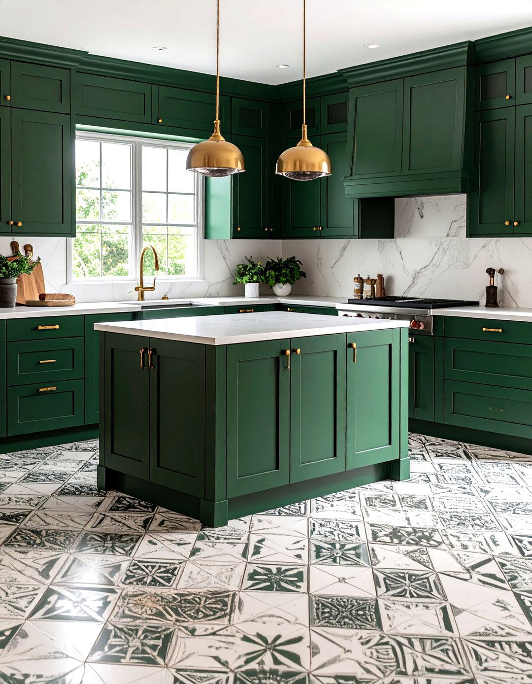 Forest Green Cabinets with Patterned Floor Tiles - 24 Forest Green Kitchen Ideas