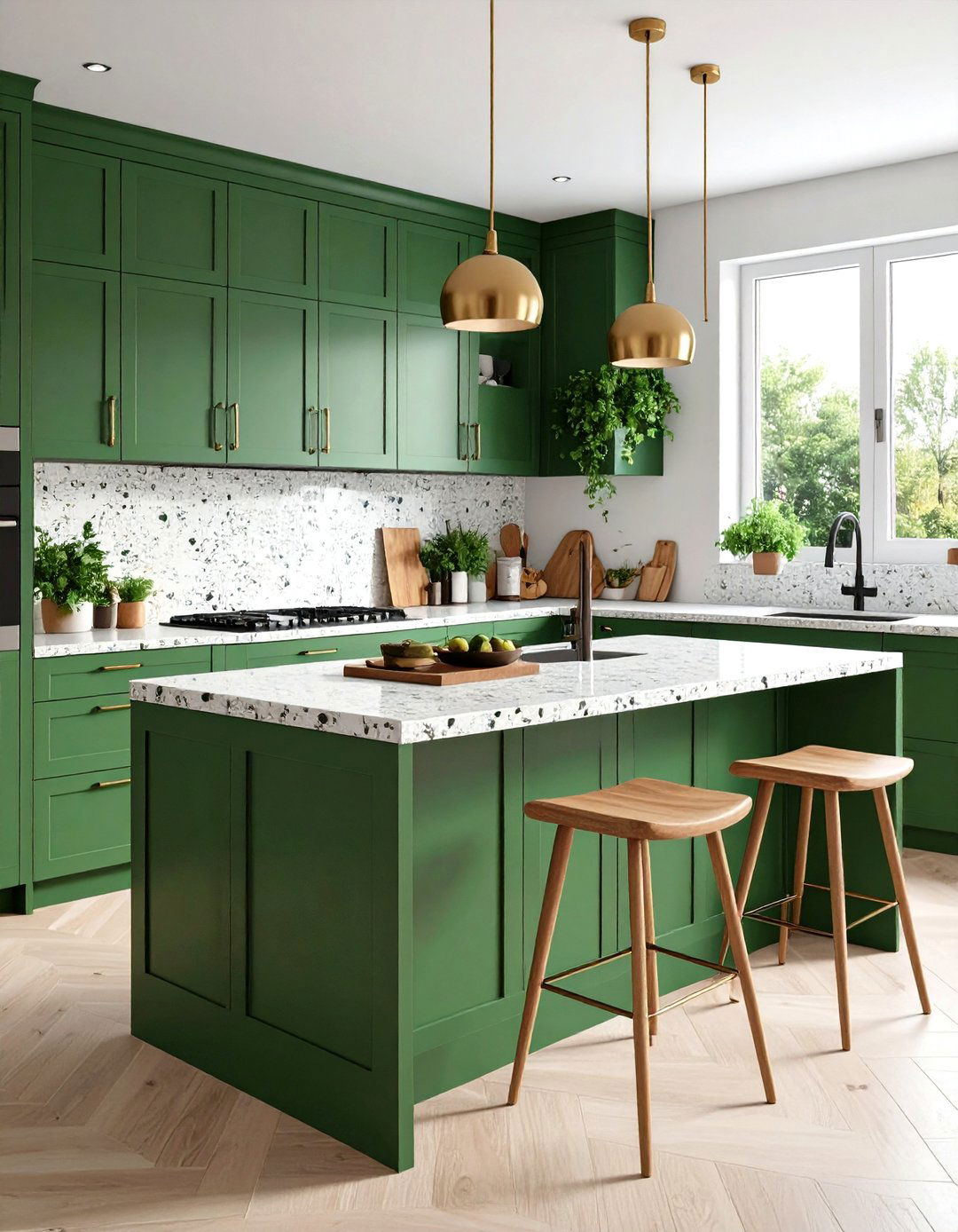 Forest Green Cabinets with Terrazzo Countertops - 24 Forest Green Kitchen Ideas