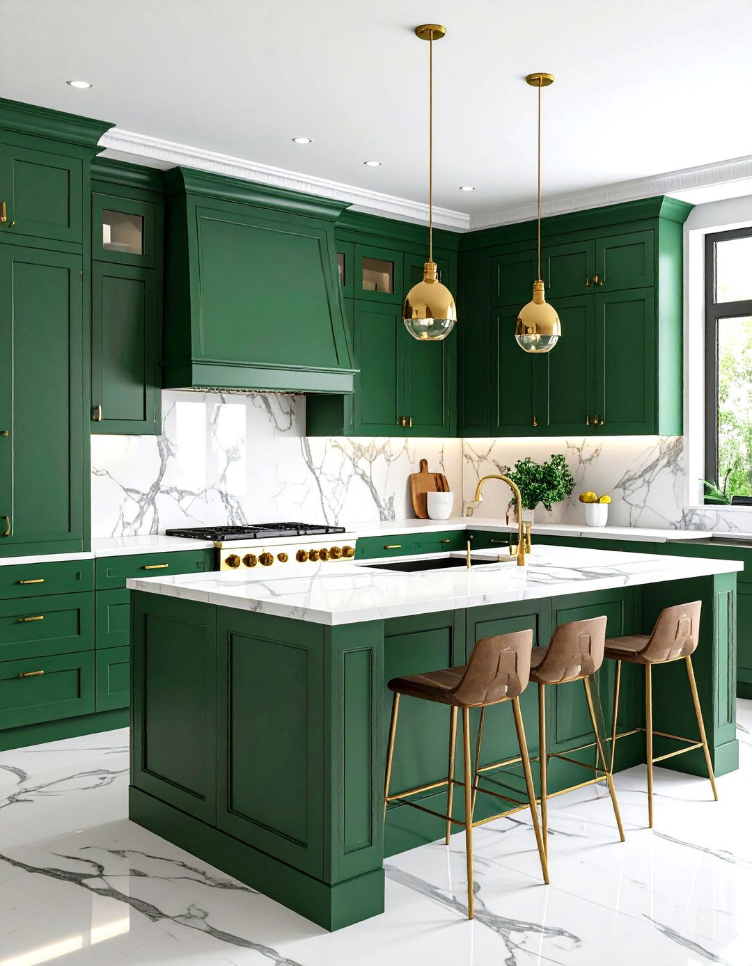 Forest Green Cabinets with White Marble Backsplash - 24 Forest Green Kitchen Ideas