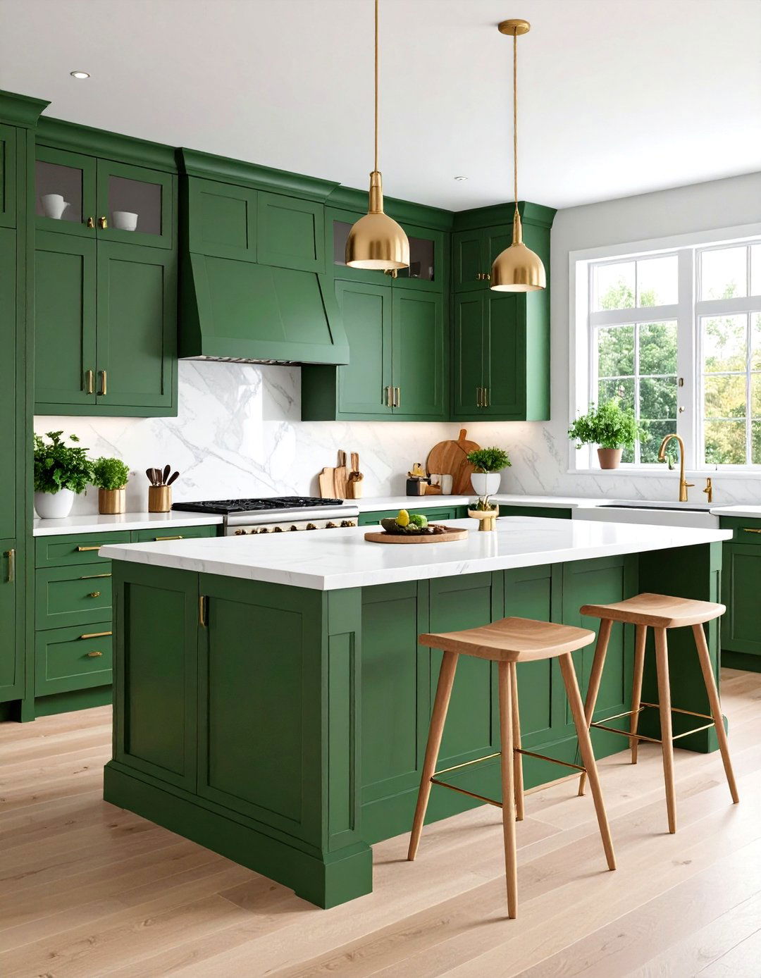 Forest Green Cabinets with White Quartz Countertops - 24 Forest Green Kitchen Ideas