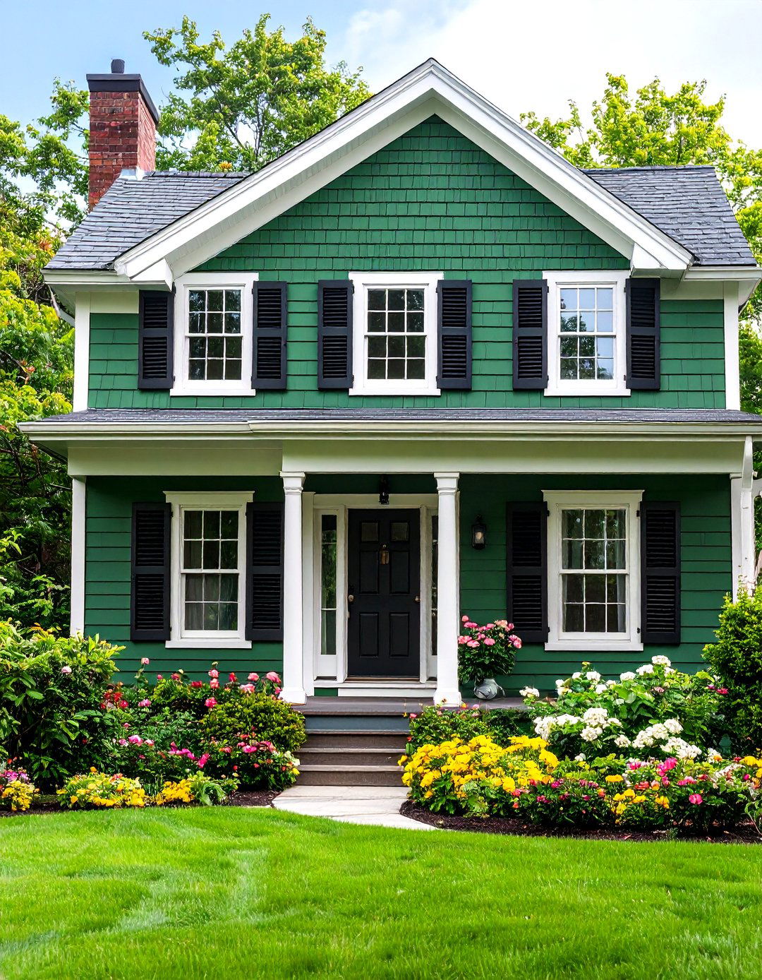 Forest Green Cape Cod with Black Shutters - 24 Green House Exterior With Black Trim
