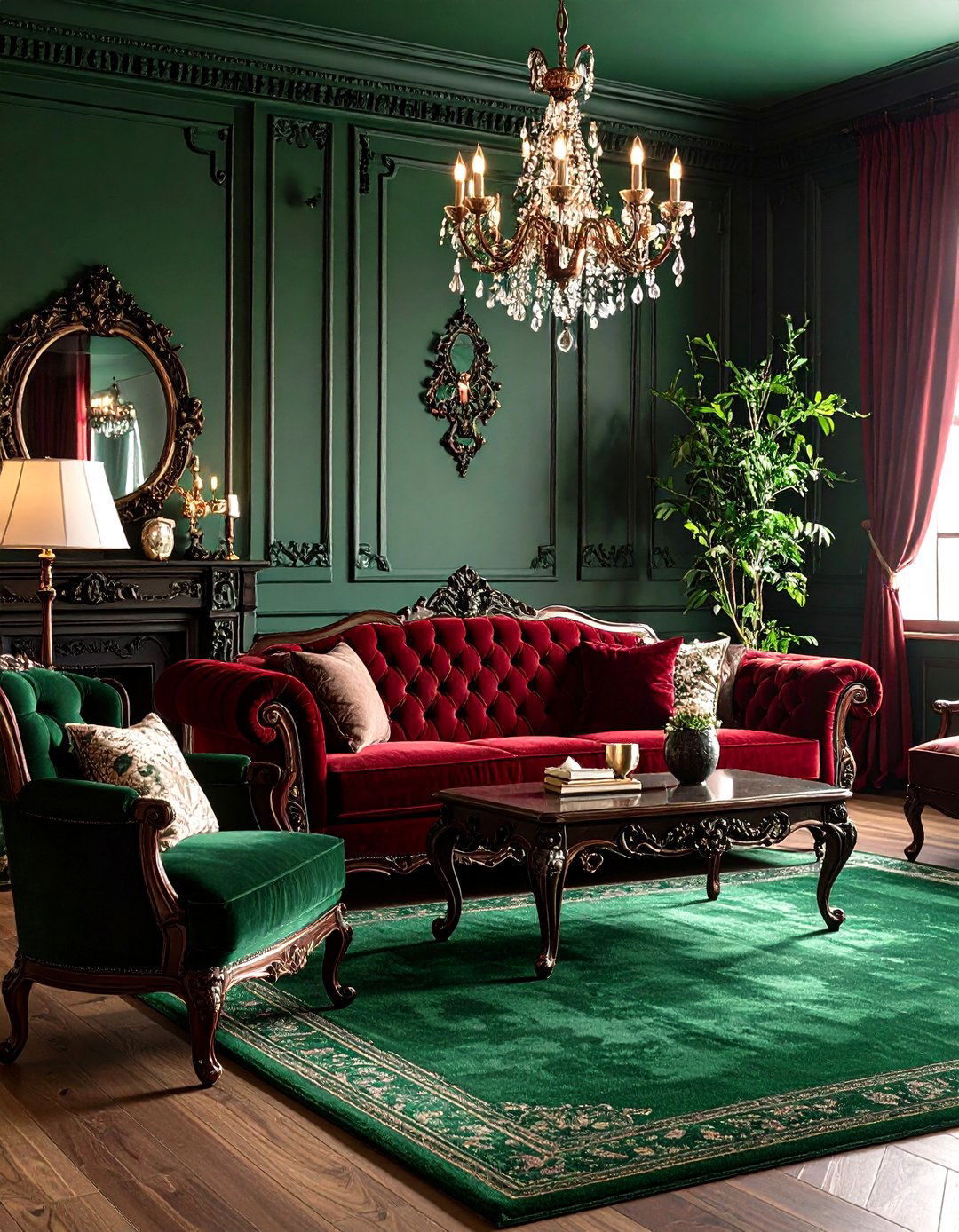 Forest Green Carpet Living Room with Gothic Revival Details - 24 Green Carpet Living Room Ideas