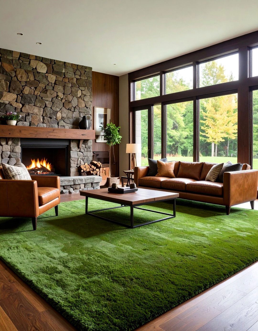 Forest Green Carpet Living Room with Leather Furniture