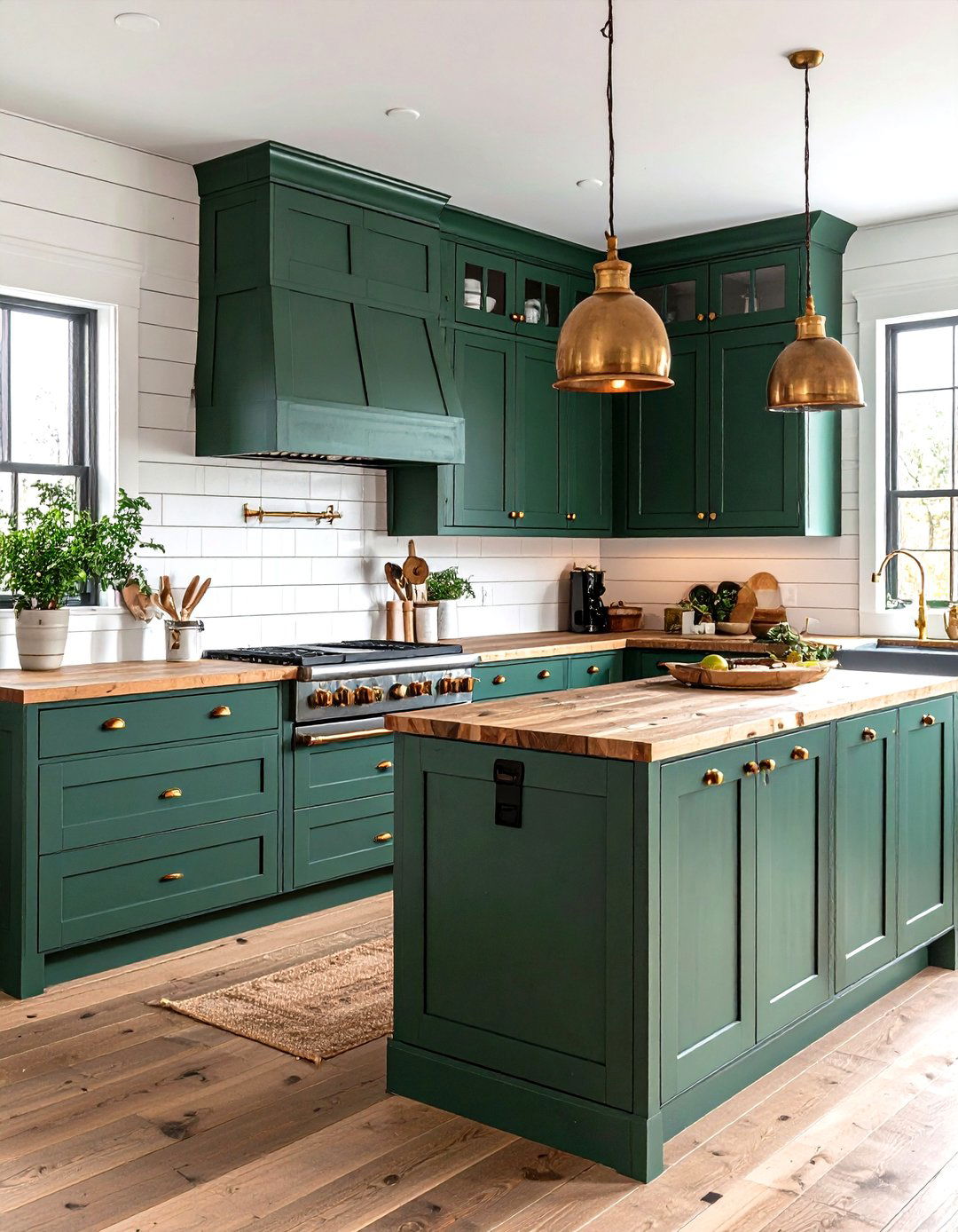 Forest Green Farmhouse Kitchen with Shiplap Walls - 24 Forest Green Kitchen Ideas