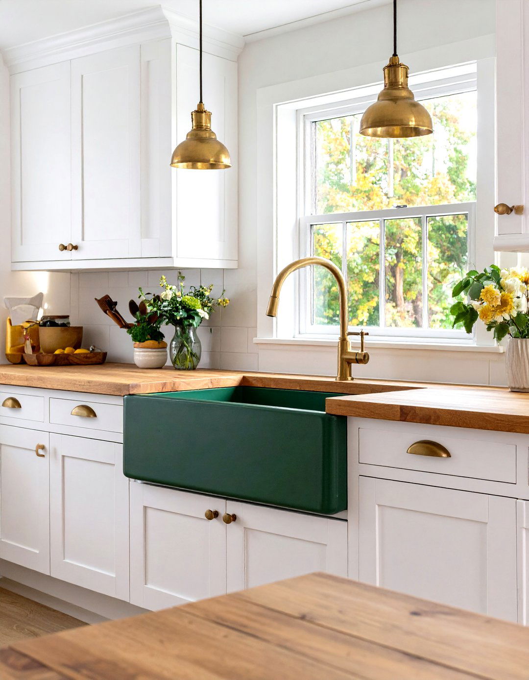 Forest Green Farmhouse Sink with Golden Yellow Accessories - 24 Green and Yellow Kitchen Ideas