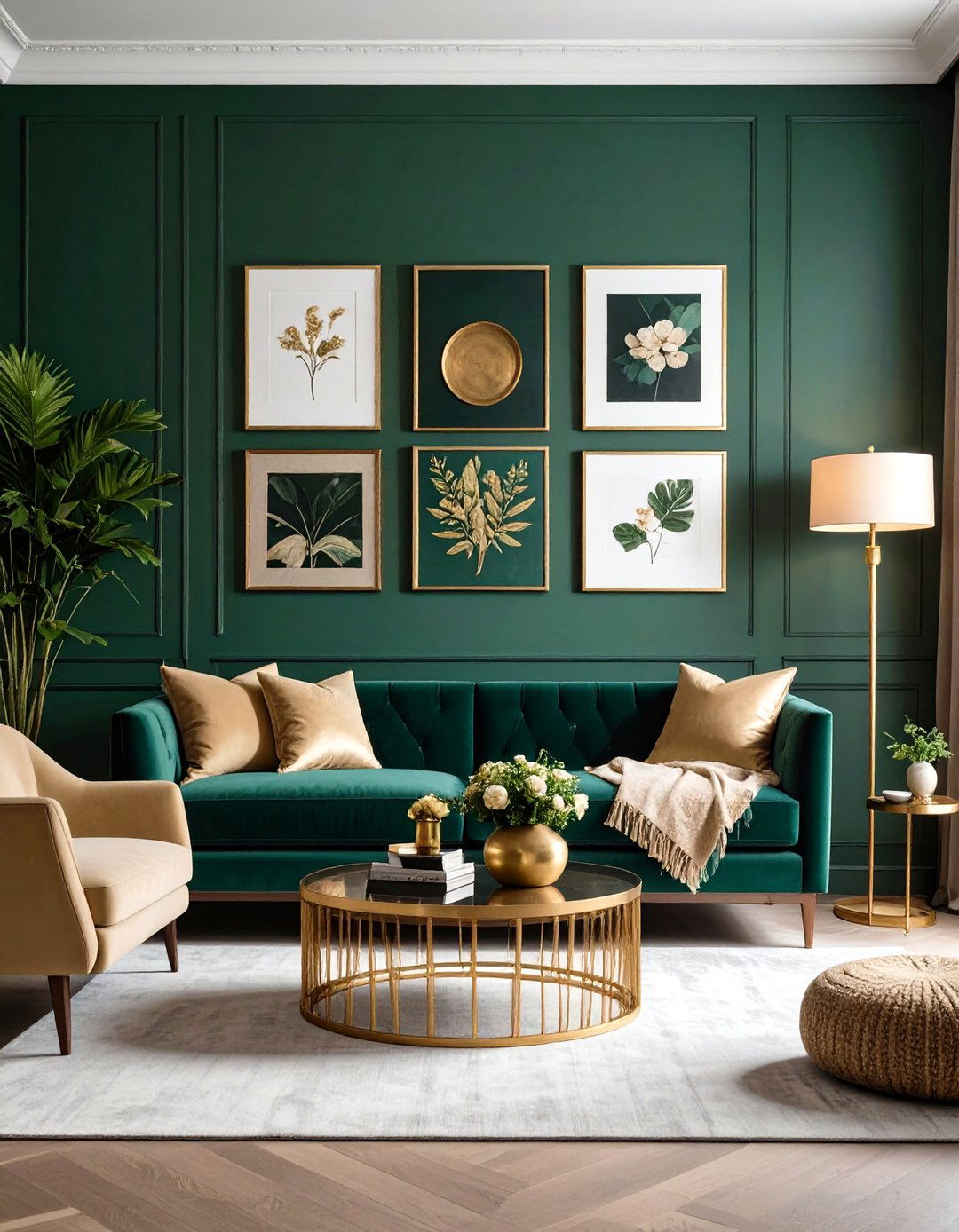 Forest Green Gallery Wall with Brass Frames - 24 Green and Gold Living Room Ideas