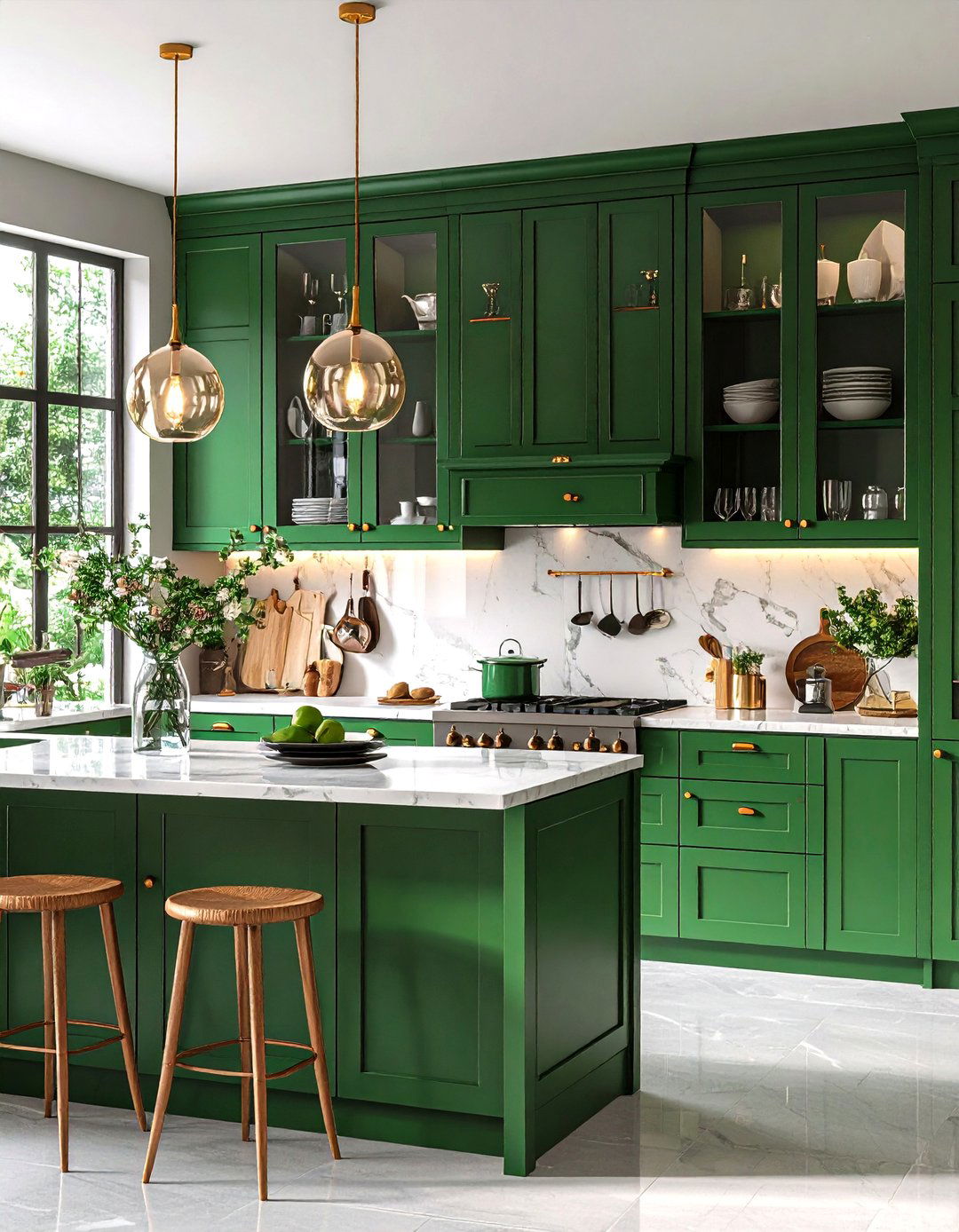 Forest Green Glass Front Upper Cabinets - 24 Forest Green Kitchen Ideas