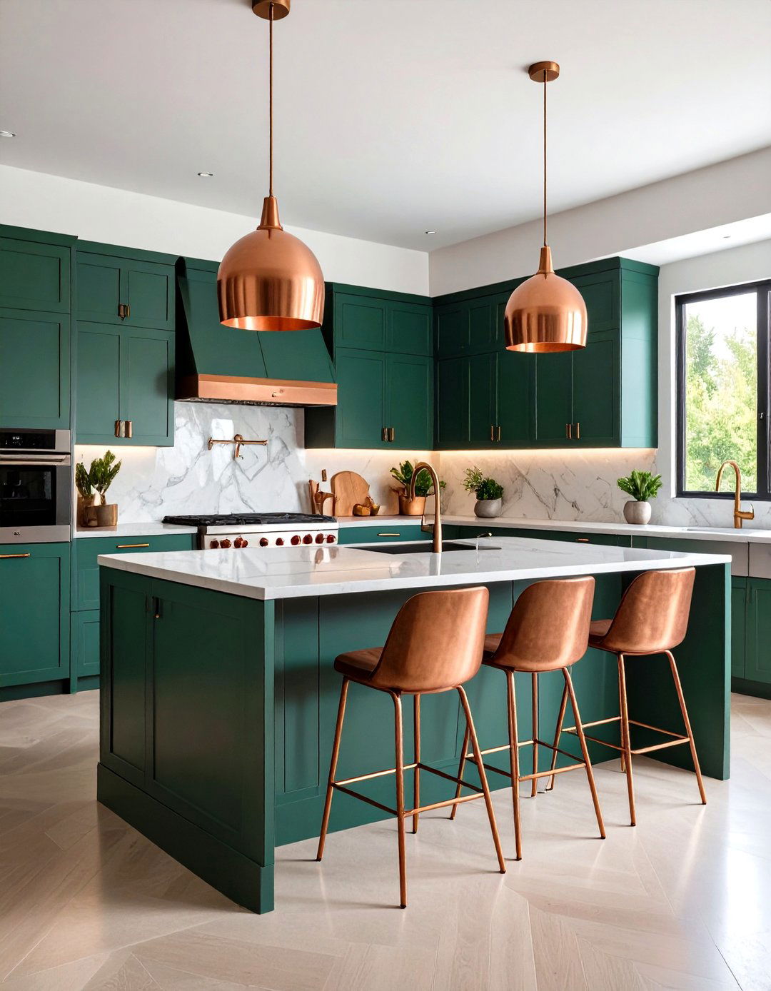 Forest Green Kitchen Island with Copper Countertops - 24 Green and Copper Kitchen Ideas