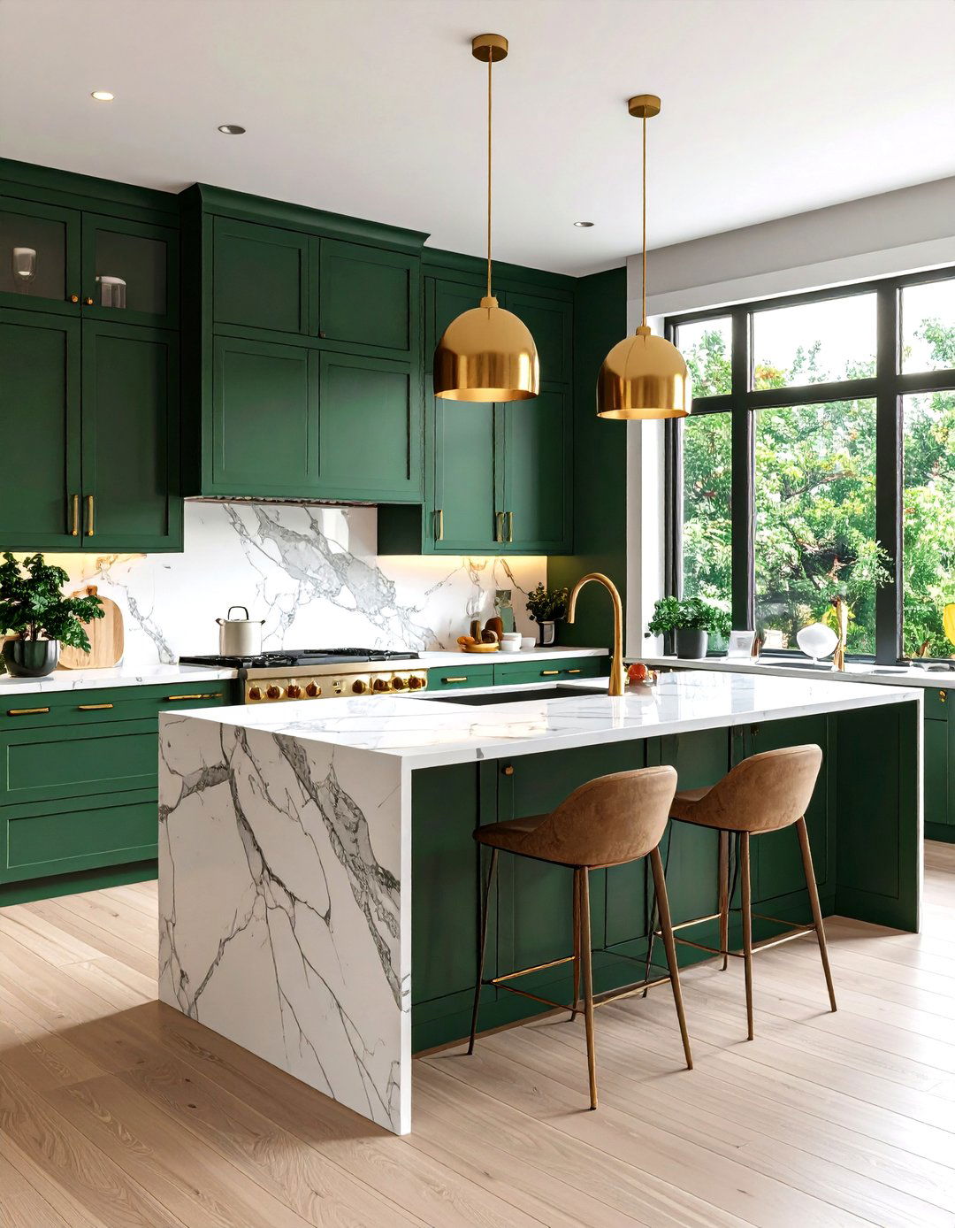 Forest Green Kitchen Island with Marble Countertops - 24 Forest Green Kitchen Ideas