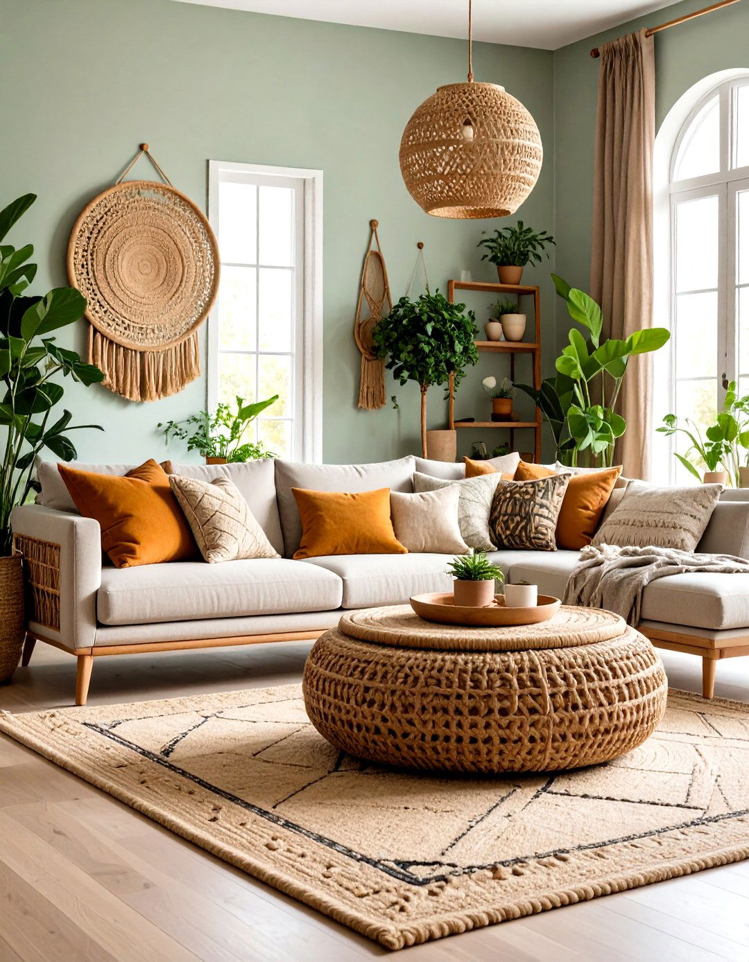 Forest Green Living Room with Natural Fiber Textures - 24 Moody Living Room Ideas