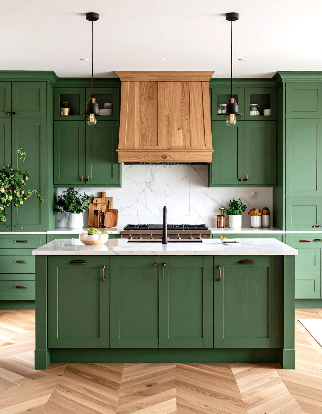 Forest Green Lower Cabinets with Wood Upper Cabinets - 24 Forest Green Kitchen Ideas