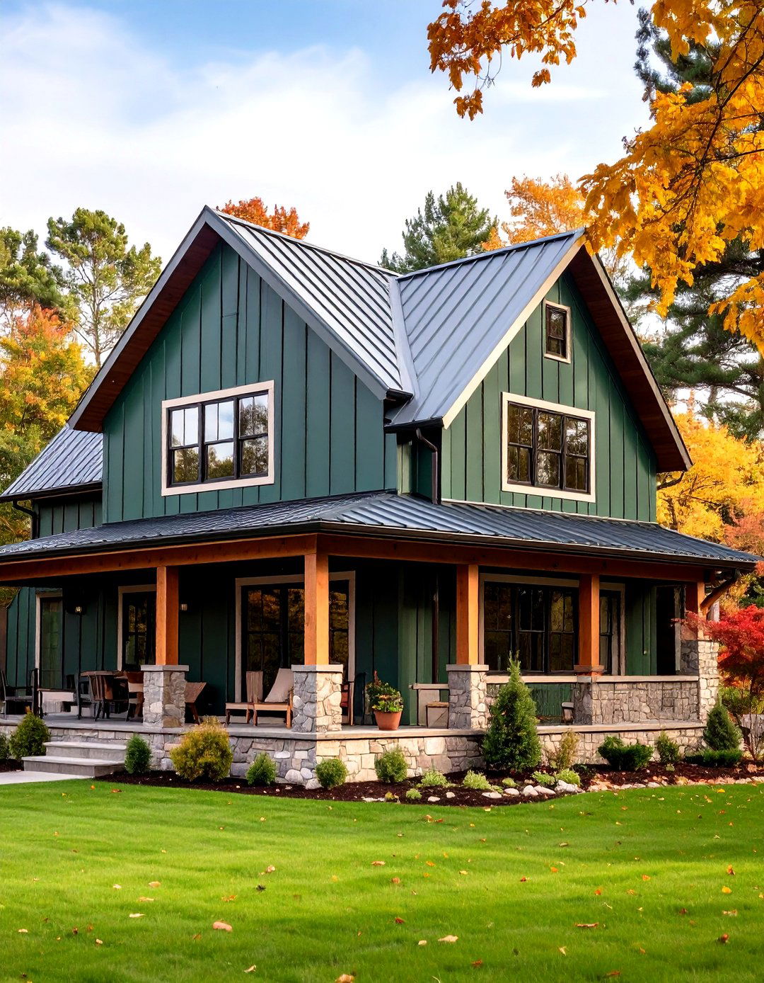 Forest Green Metal Siding with Stone Accents - 24 Farmhouse Green Exterior Home Ideas