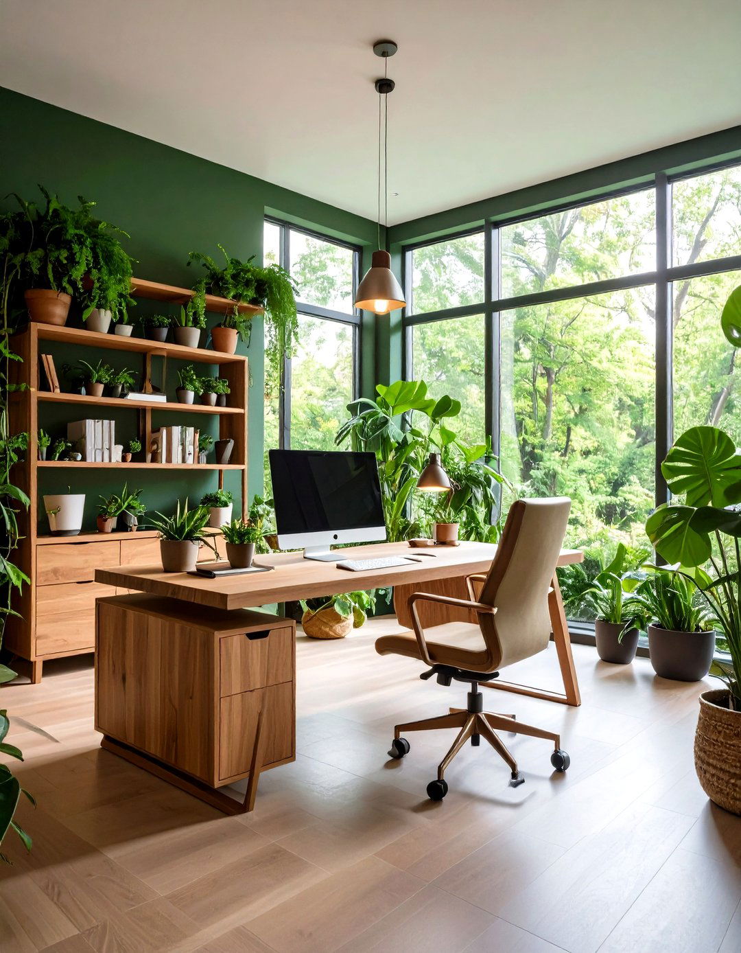 Forest Green Office with Botanical Elements - 24 dark home office design ideas