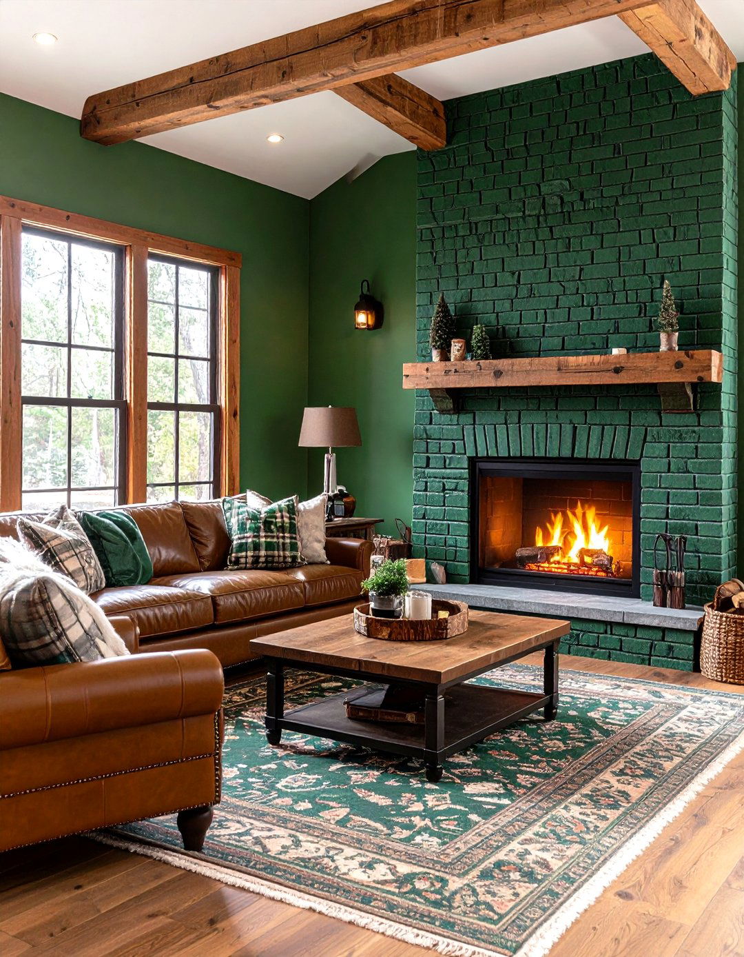 Forest Green Painted Brick Fireplace with Rustic Lodge - 24 Painted Brick Fireplace Ideas