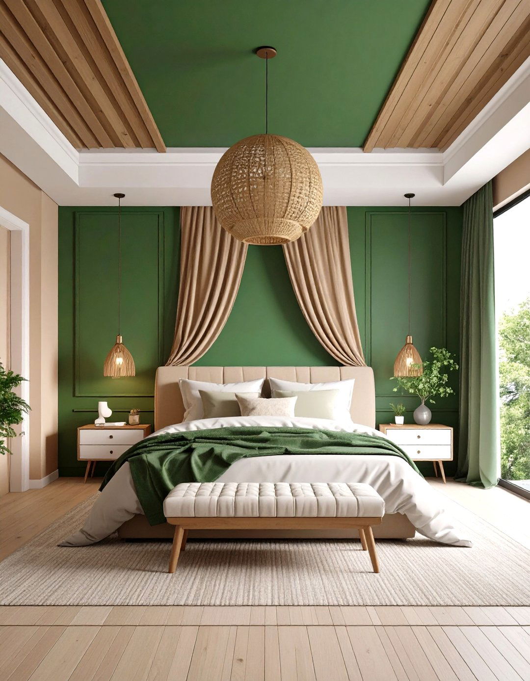 Forest Green Painted Ceiling - 24 Green and Beige Bedroom Ideas
