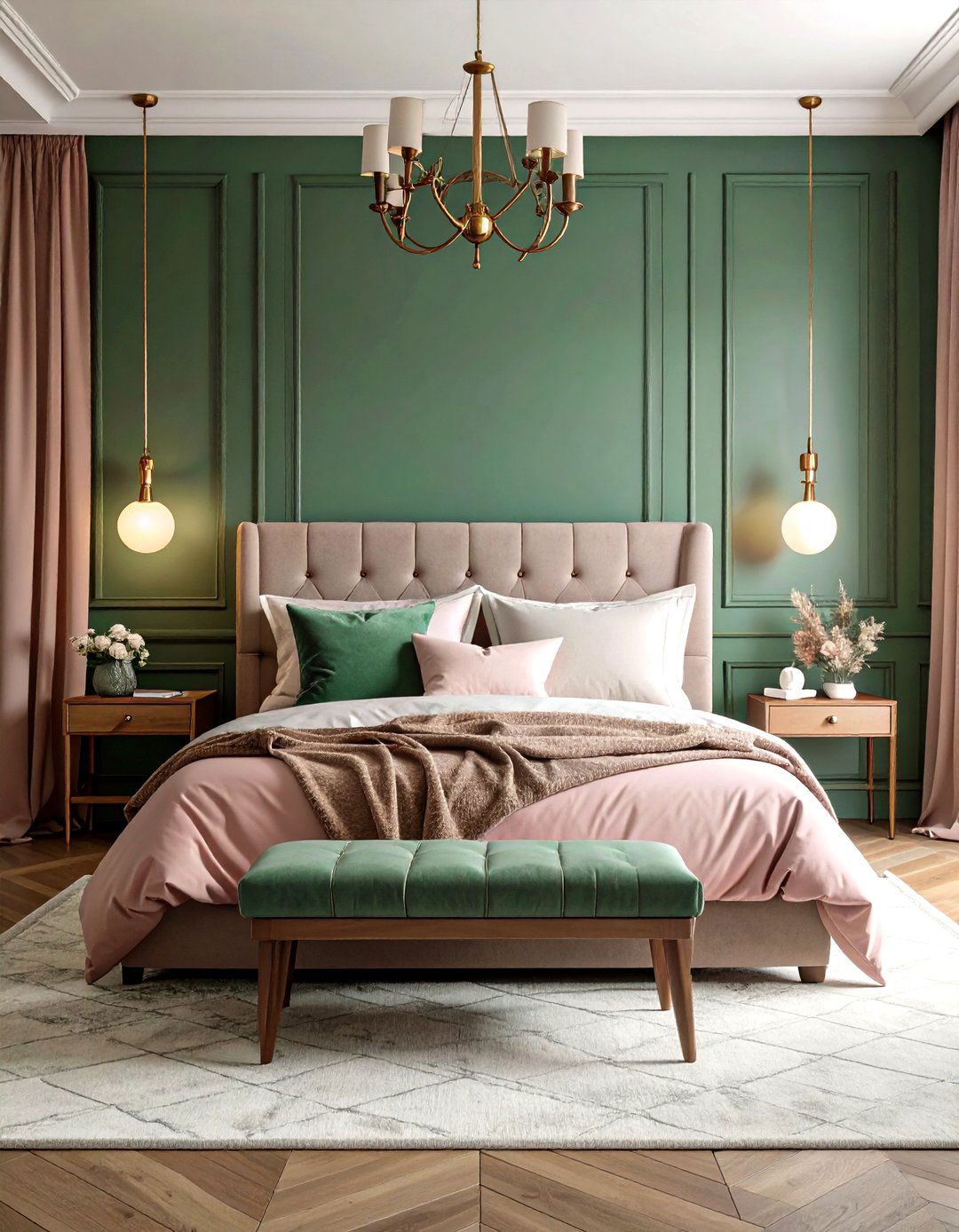 Forest Green Paneling with Dusty Pink Textiles - 24 Pink and Green Bedroom Ideas