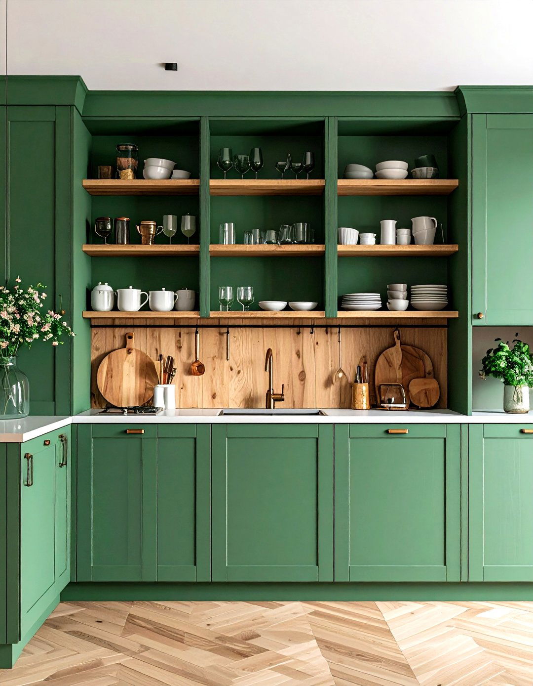 Forest Green Pantry Cabinets with Open Shelving - 24 Forest Green Kitchen Ideas