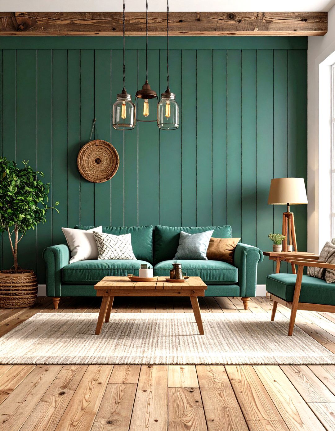 Forest Green Rustic Farmhouse Living Room - 24 Dark Green Accent Wall Ideas