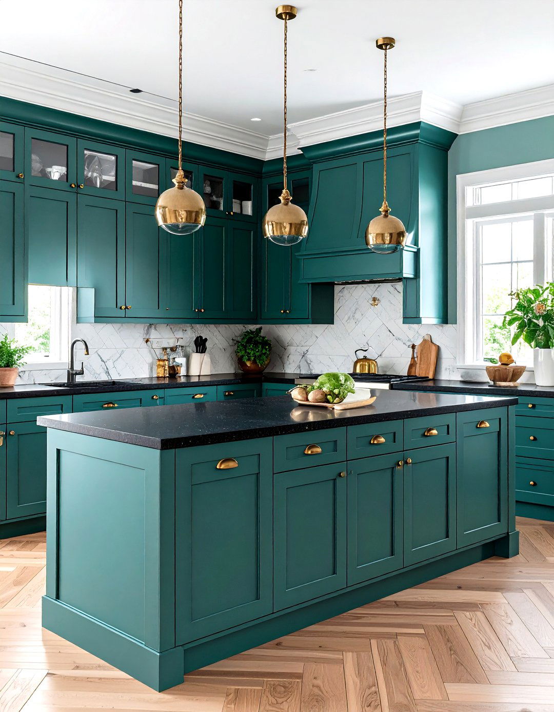 Forest Green Shaker Cabinets with Black Honed Countertops - 24 Green Kitchen Cabinets With Black Countertops