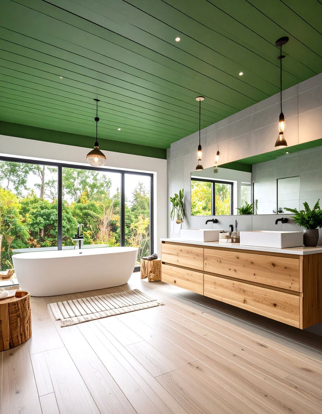 Forest Green Shiplap Ceiling with Grey Tile Walls - 24 Green and Grey Bathroom Ideas