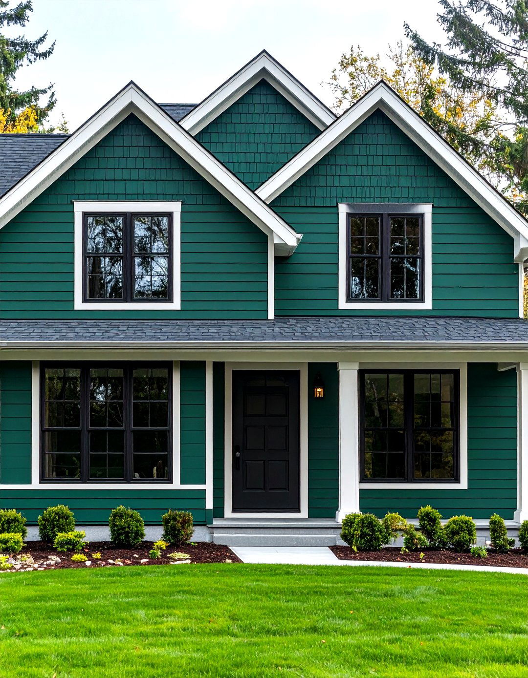 Forest Green Siding with Matte Black Window Frames - 24 Green House Exterior With Black Trim