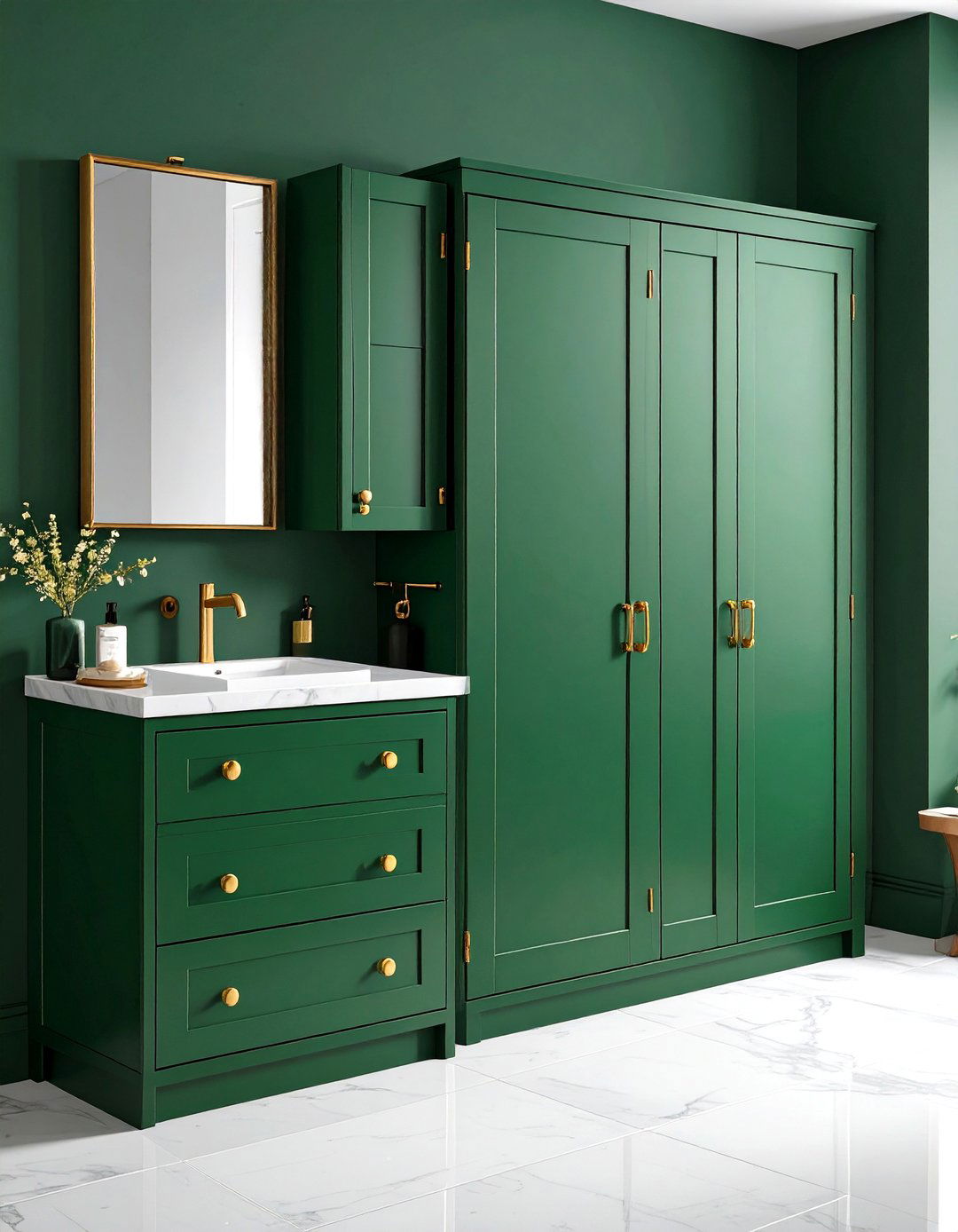 Forest Green Storage Cabinets with Gold Cup Pulls - 24 Green and Gold Bathroom Ideas