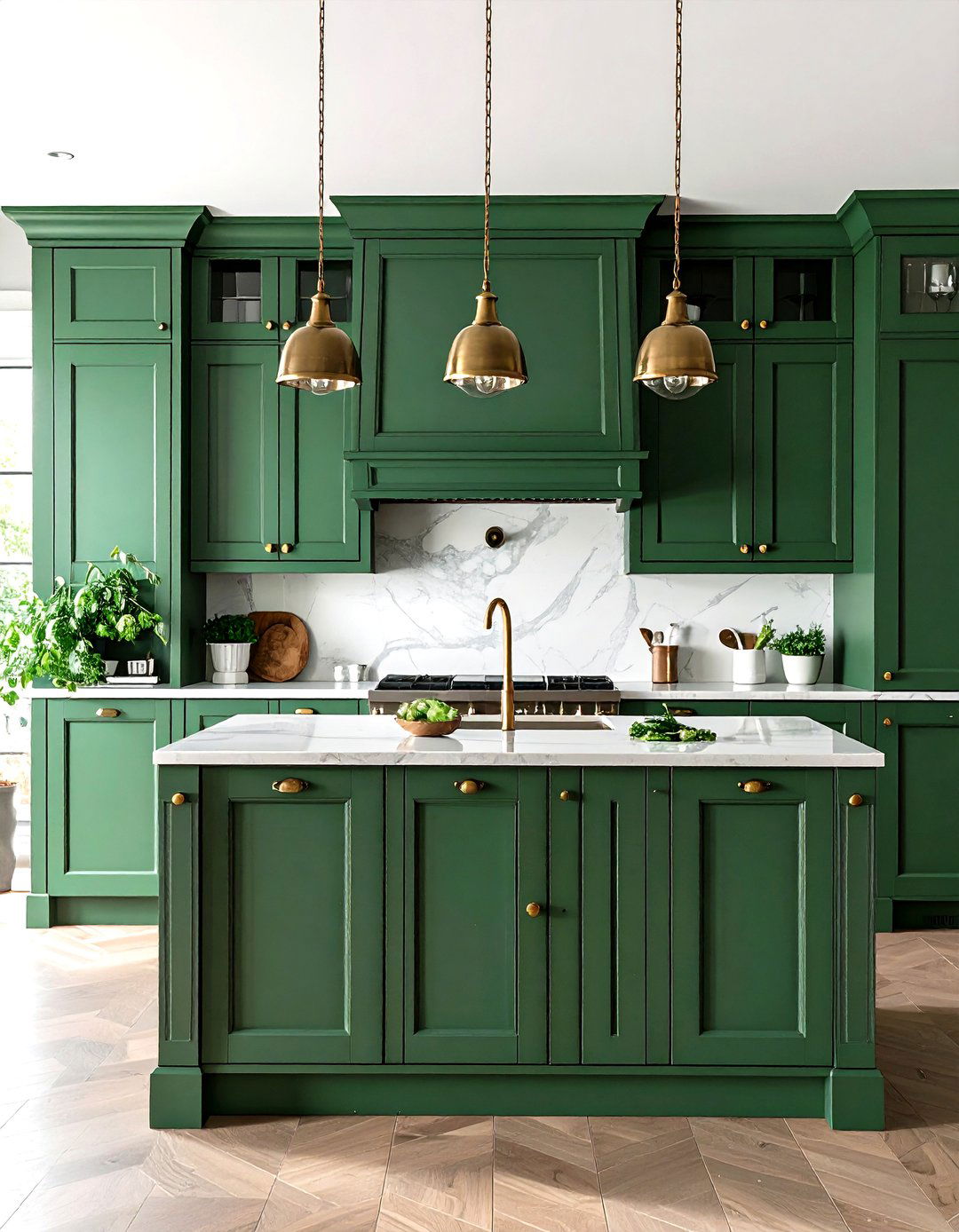 Forest Green Traditional Kitchen with Crown Molding - 24 Green Kitchen Cabinet Ideas