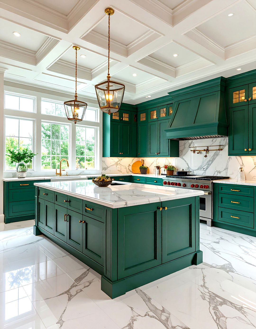 Forest Green Traditional Kitchen with Marble Details - 24 Green Kitchen Cabinet Ideas