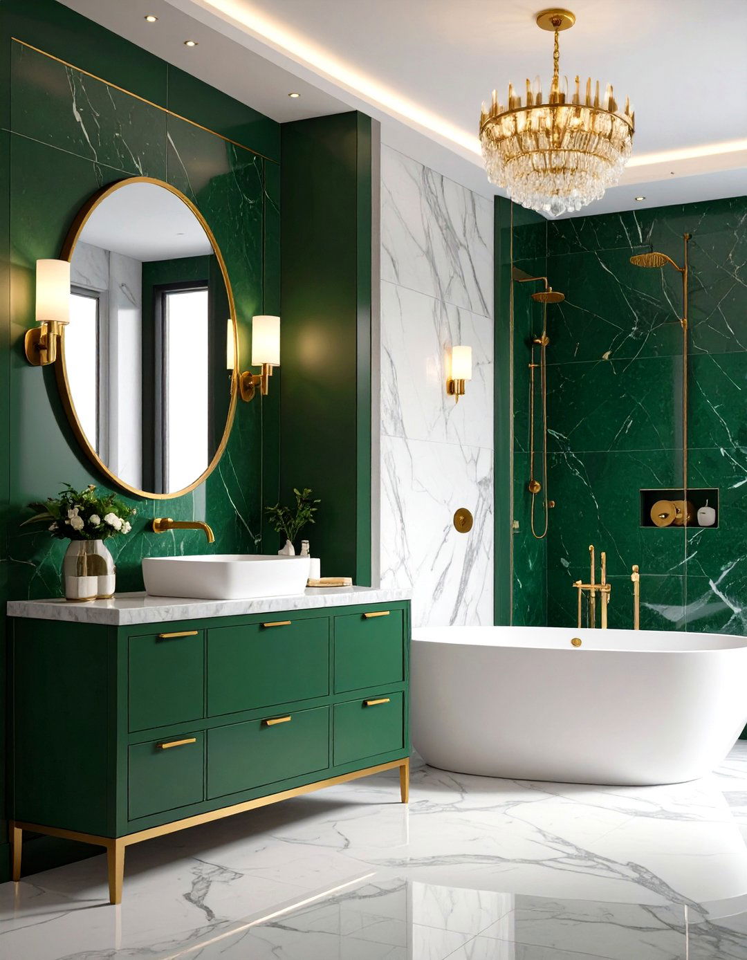 Forest Green Vanity with Grey Marble Walls - 24 Green and Grey Bathroom Ideas