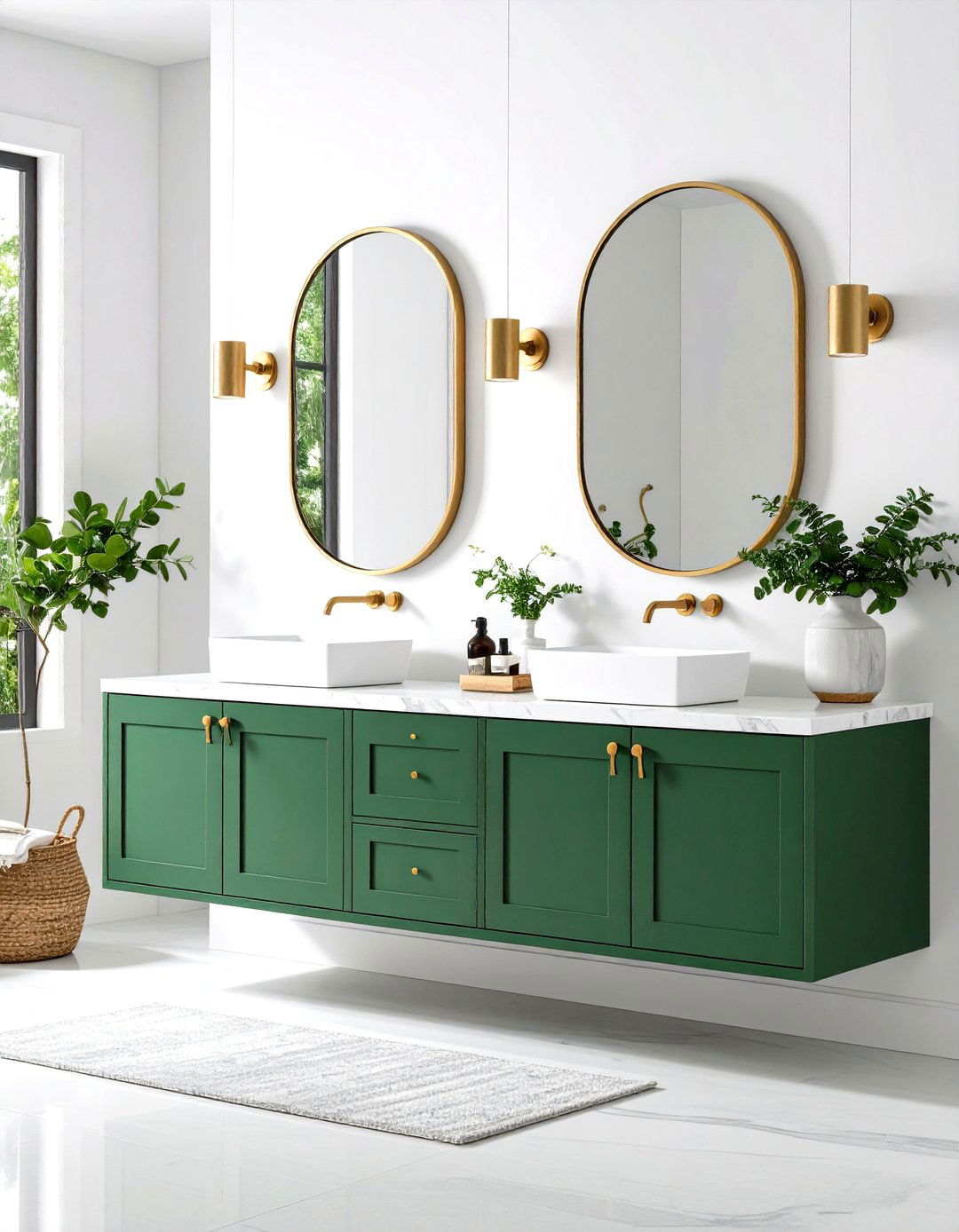 Forest Green Vanity with Marble Countertop - 24 Small Green Bathroom Ideas