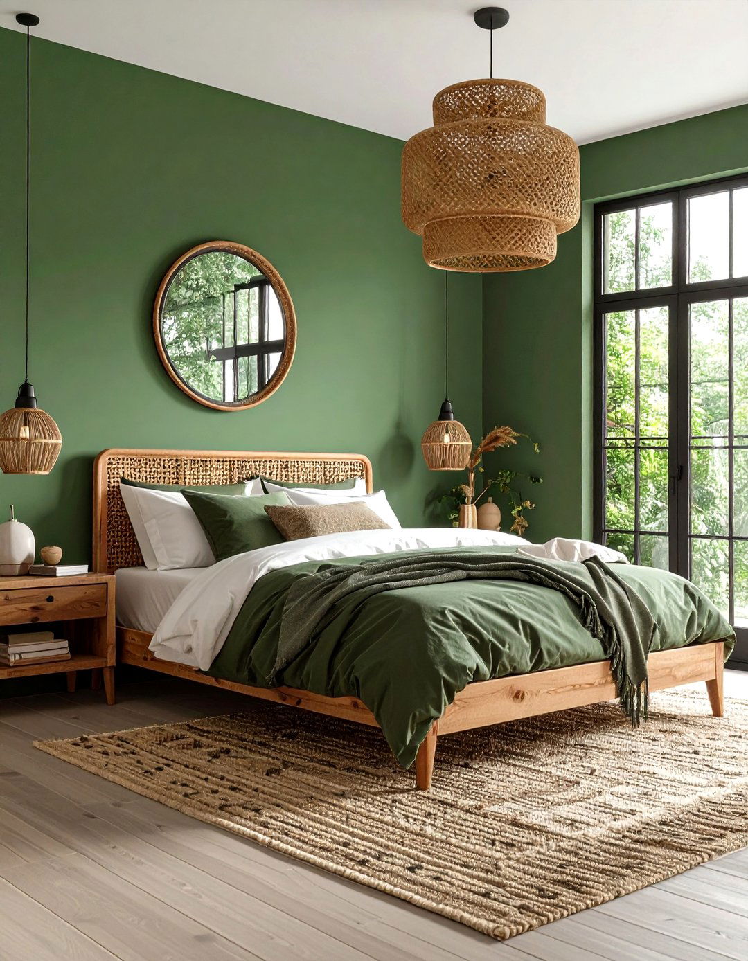 Forest Green Walls with Black Window Frames - 24 Black and Green Bedroom Design Ideas