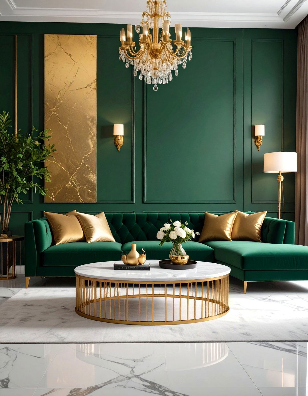 Forest Green with Gold Leaf Feature Wall - 24 Green and Gold Living Room Ideas