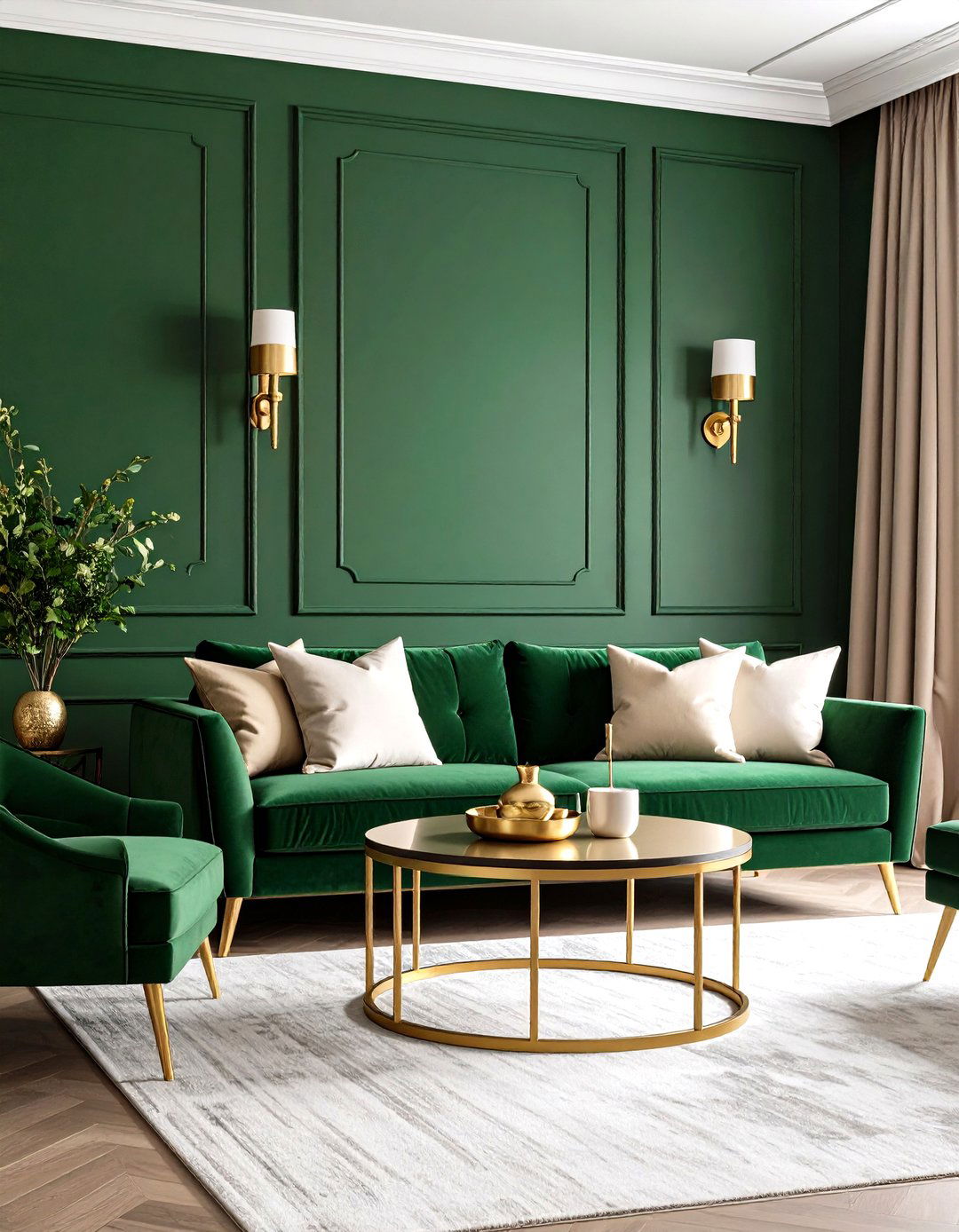 Forest Green with Gold Wall Sconces - 24 Green and Gold Living Room Ideas