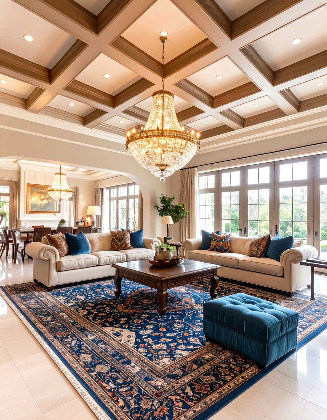 Formal Living Room with Coffered Beam Ceiling Design - 24 Exposed Beam Living Room Ideas