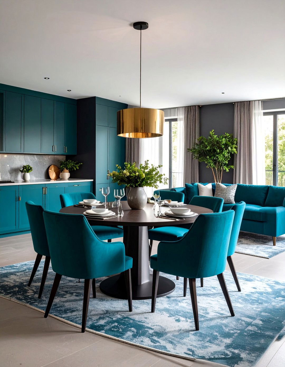 Formal Teal Dining Area with Adjacent Grey Living Room - 24 Teal and Grey Living Room Ideas