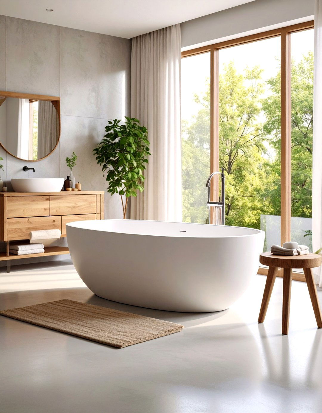 Freestanding Oval Bathtub with Concrete Floors - 24 Scandinavian Bathroom Ideas