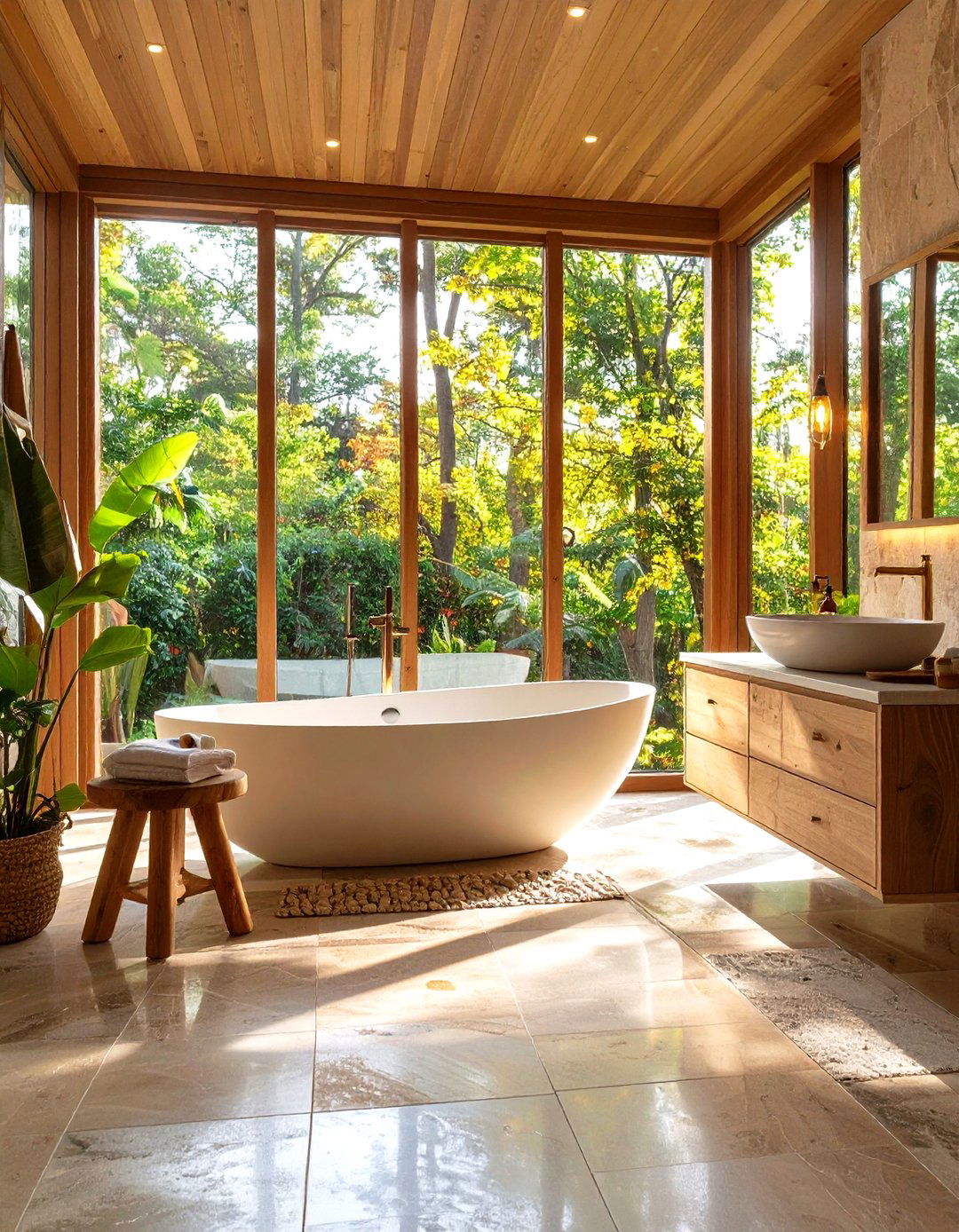 Freestanding Tub Bathroom with Floor to Ceiling Windows - 24 Japandi Bathroom Ideas