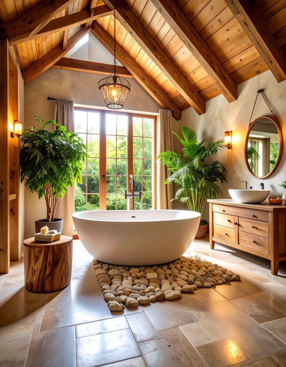 Freestanding Tub Modern Farmhouse Bathroom with Wooden Beams - 24 Modern Farmhouse Bathroom Ideas