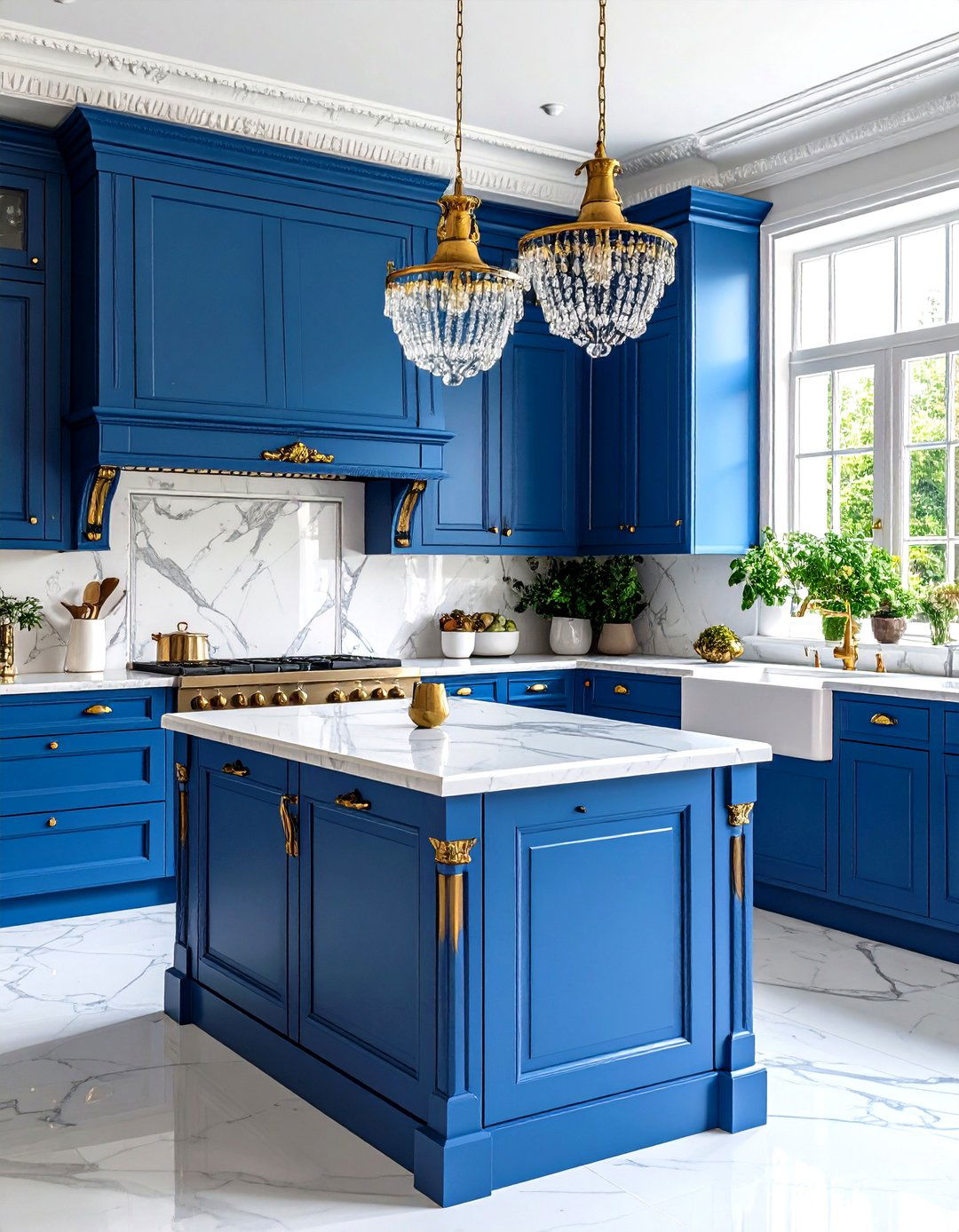 French Blue Cabinets with Vintage Brass and Marble Details - 24 Light Blue Kitchen Cabinets Ideas