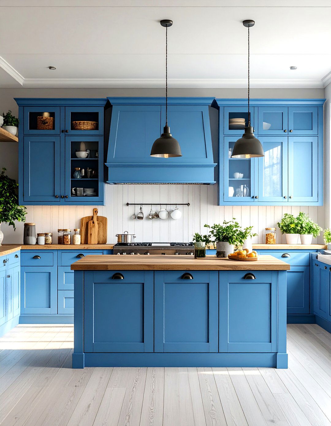 French Blue Farmhouse Kitchen with Beadboard Backsplash - 24 blue farmhouse kitchen cabinets