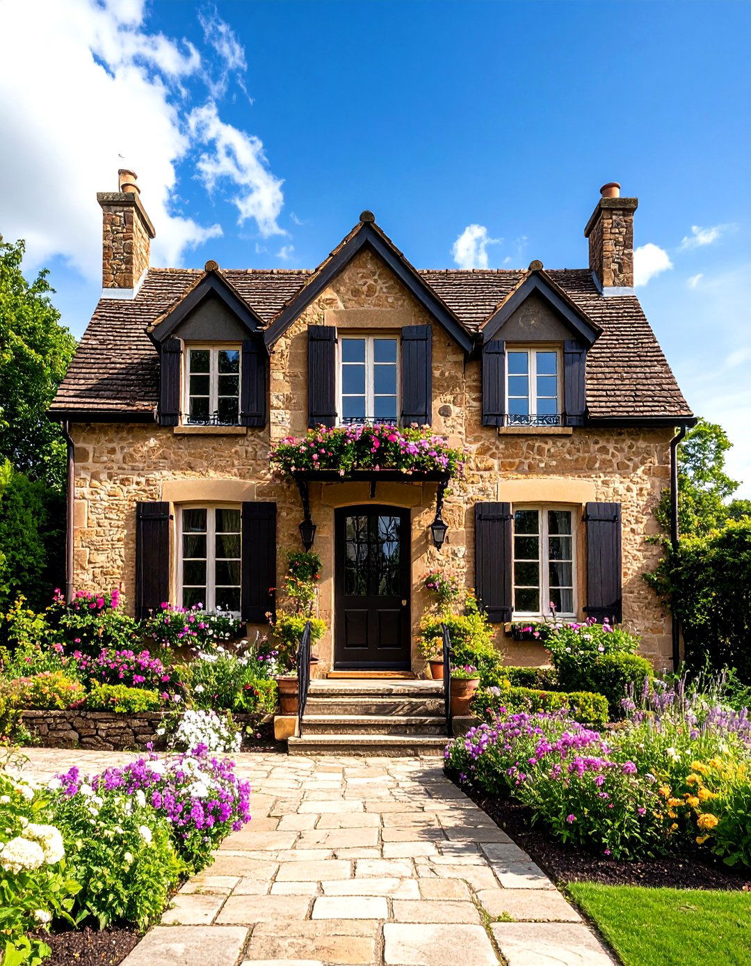 French Country Brown Stone Cottage - 24 Dark Brown House With Black Trim