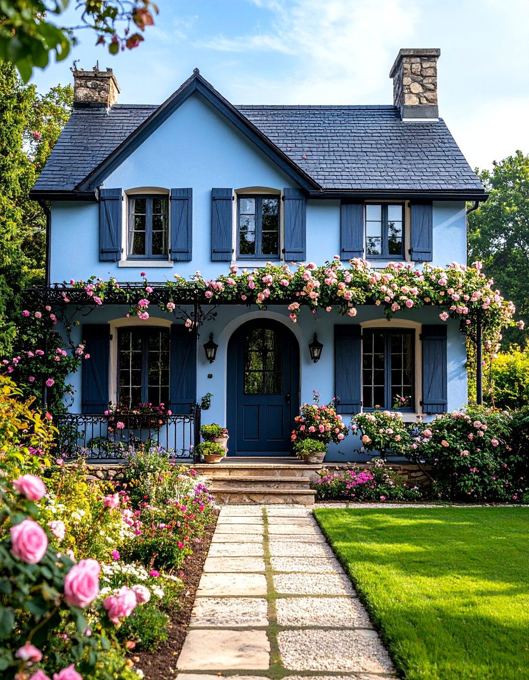 French Country Cottage in Lavender Blue with Black Shutters - 24 Blue House With Black Trim Ideas