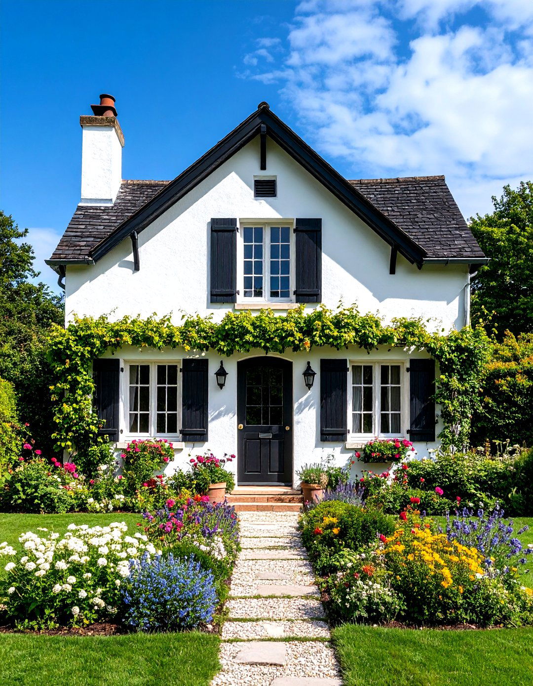 French Country Cottage with Black Iron Hardware - 24 single story white house black trim