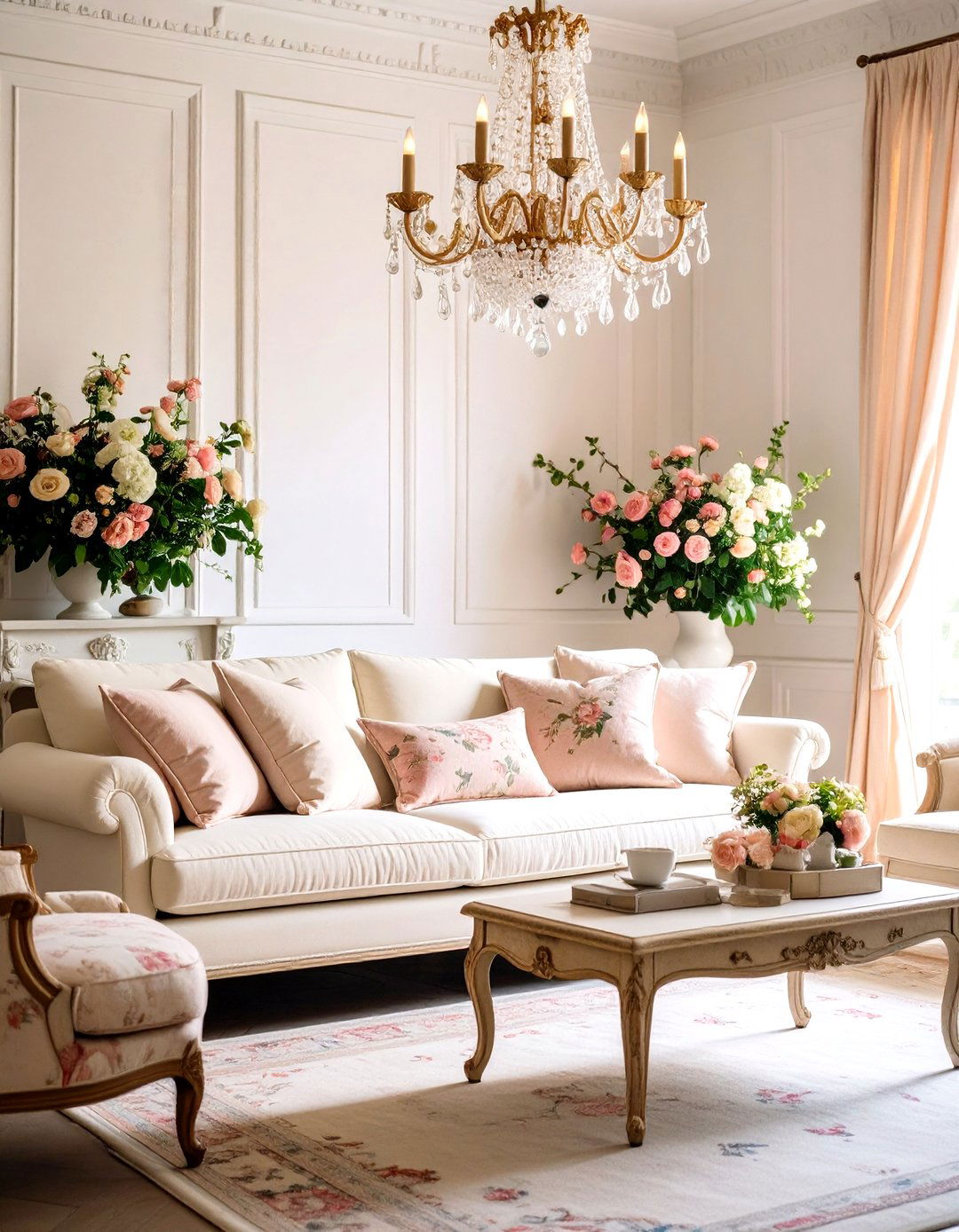 French Country Cream Couch with Romantic Details - 24 Cream Couch Living Room Ideas