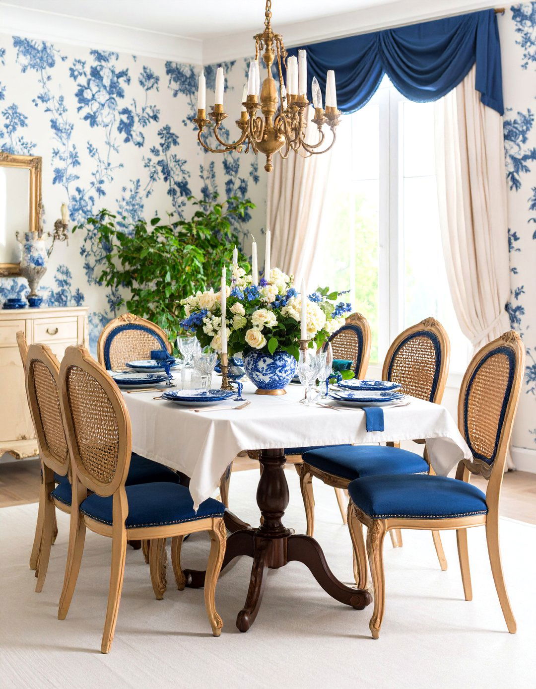 French Country Dining Room with Traditional Toile Wallpaper - 24 French Country Dining Room Ideas