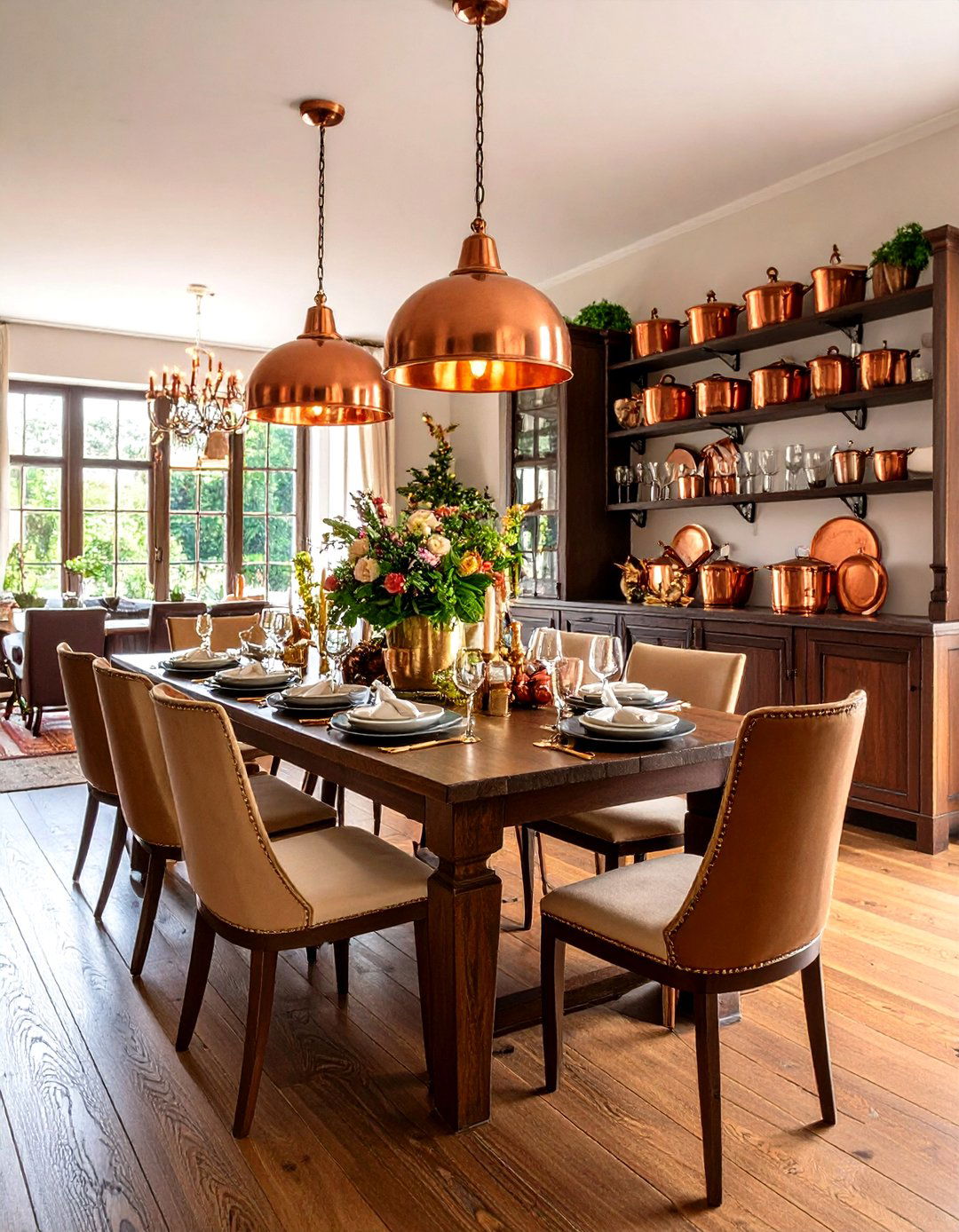 French Country Dining Room with Warm Copper Accent Details - 24 French Country Dining Room Ideas