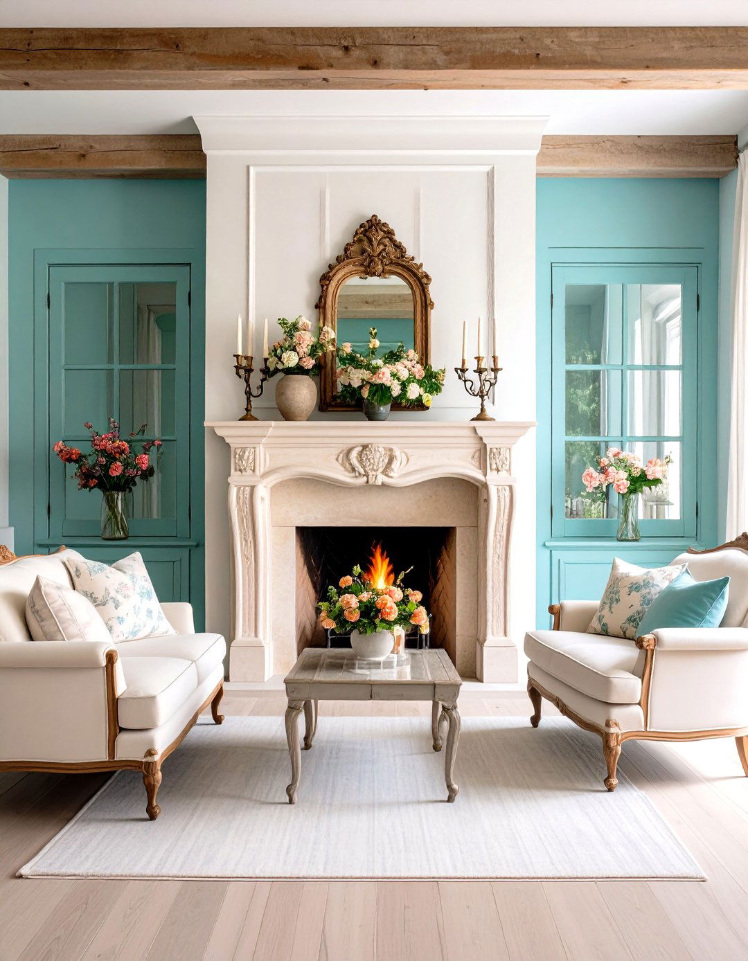 French Country Fireplace With Rustic Beam Ceiling - 24 Rooms With Fireplaces With Vaulted Ceilings Features