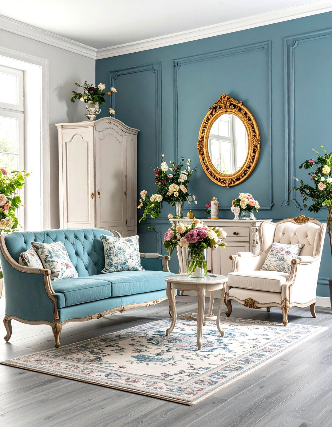 French Country Grey Floor with Slate Blue Walls - 24 grey floor living room with blue walls ideas